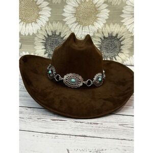 Illuma Brown Faux Suede Cowboy Hat Silver Concho Turquoise Band Western Boho‎